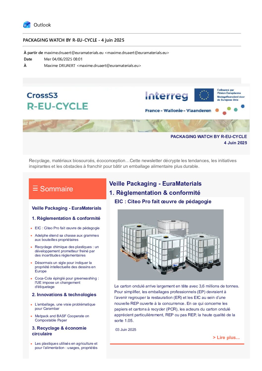 Newsletter packaging EuraMaterials juin 2025