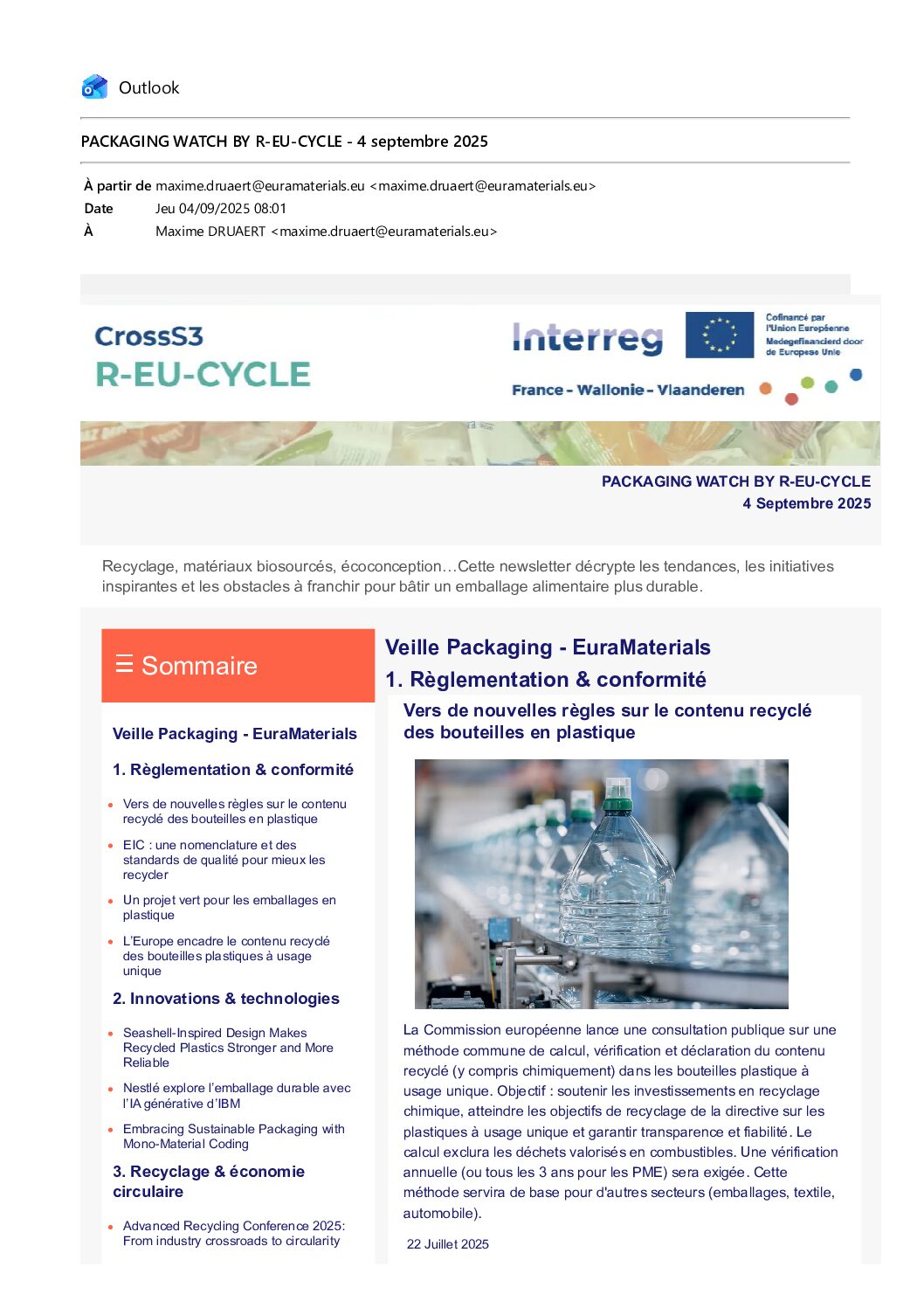 Newsletter packaging EuraMaterials septembre 2025