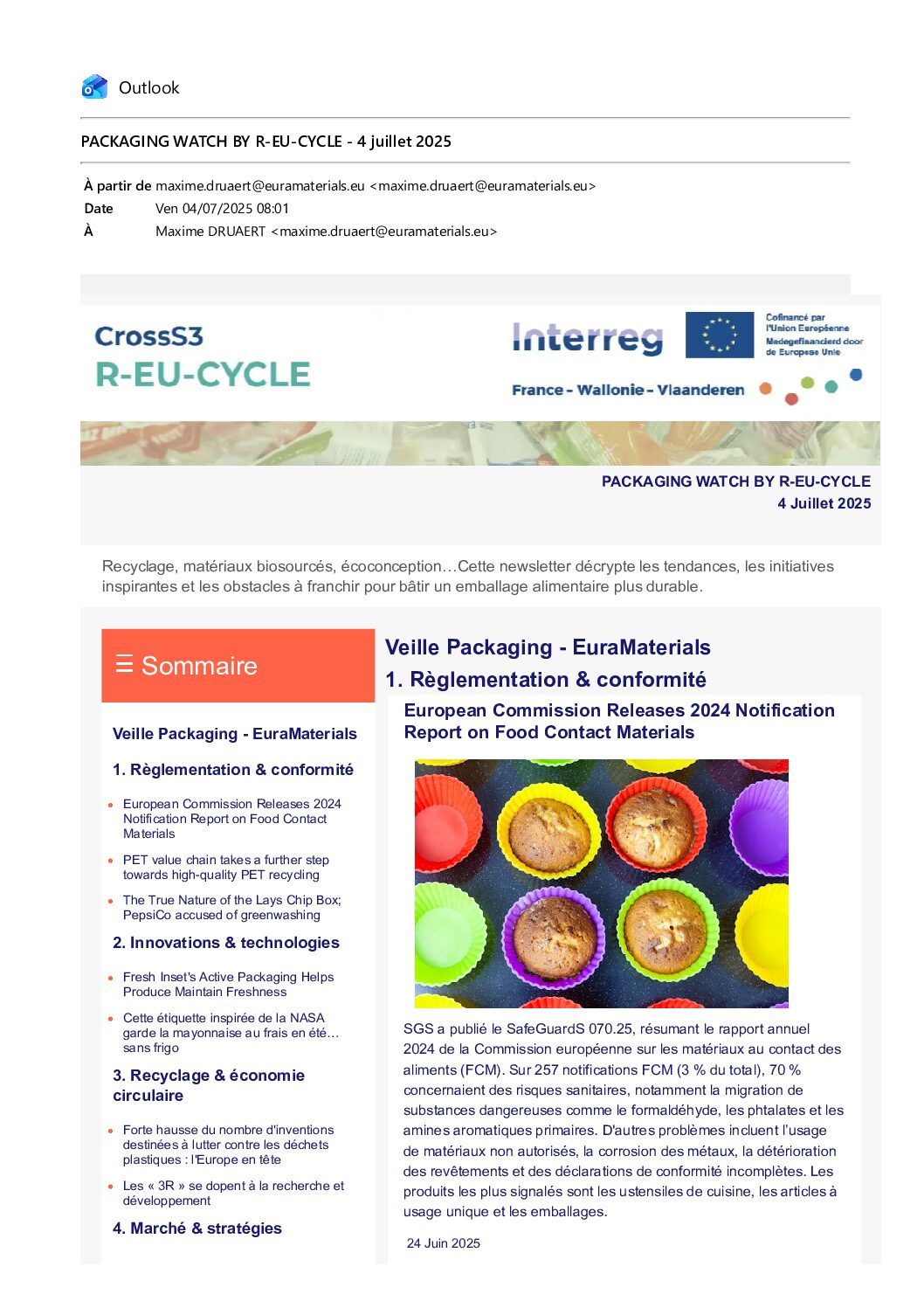 Newsletter packaging EuraMaterials juillet 2025